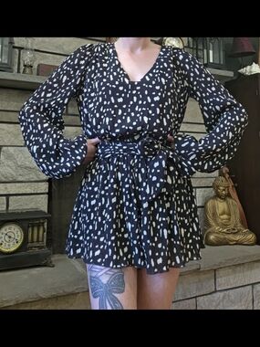 By Together Black and White Dot Long Sleeve Romper with Belt